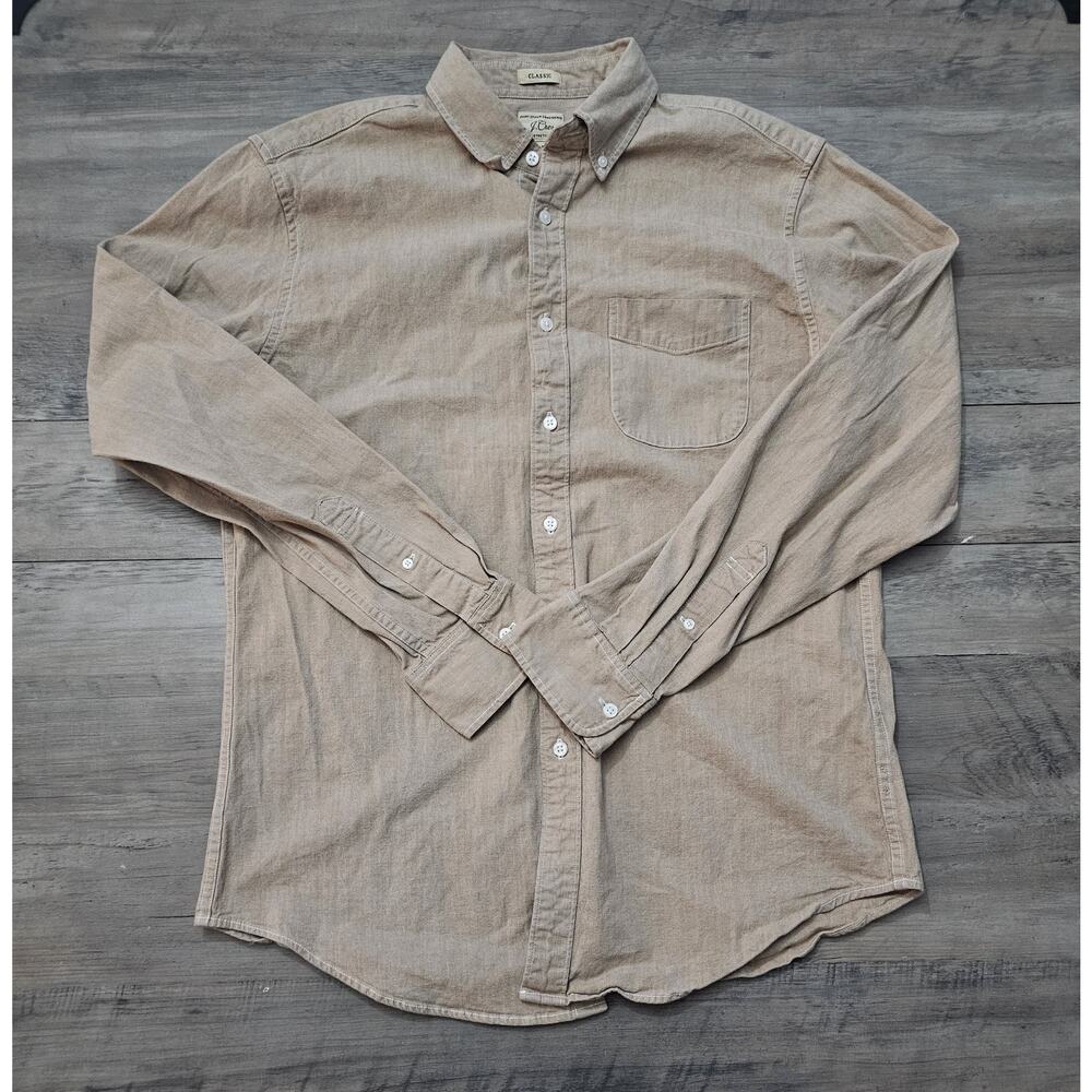 J Crew Shirt Men's Medium Classic Fit Beige Cotton Long Sleeve Button Up Dress